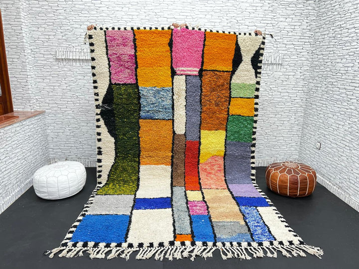 Handwoven colorful Moroccan wool rug with geometric patchwork design – multicolor Berber carpet handmade in Morocco