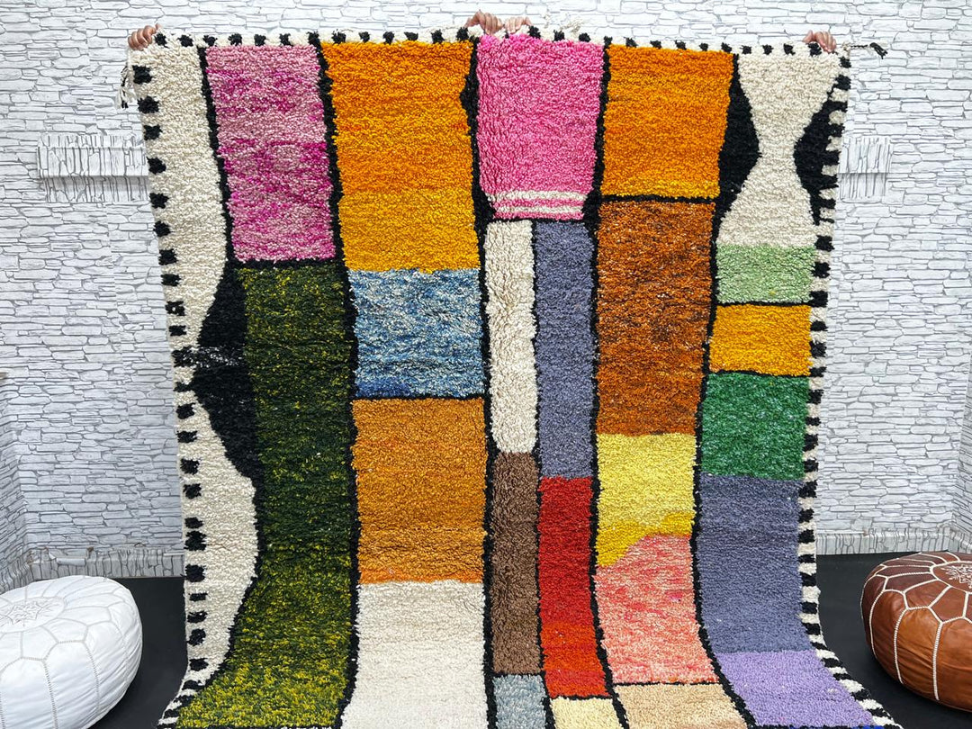 Handwoven colorful Moroccan wool rug with geometric patchwork design – multicolor Berber carpet handmade in Morocco