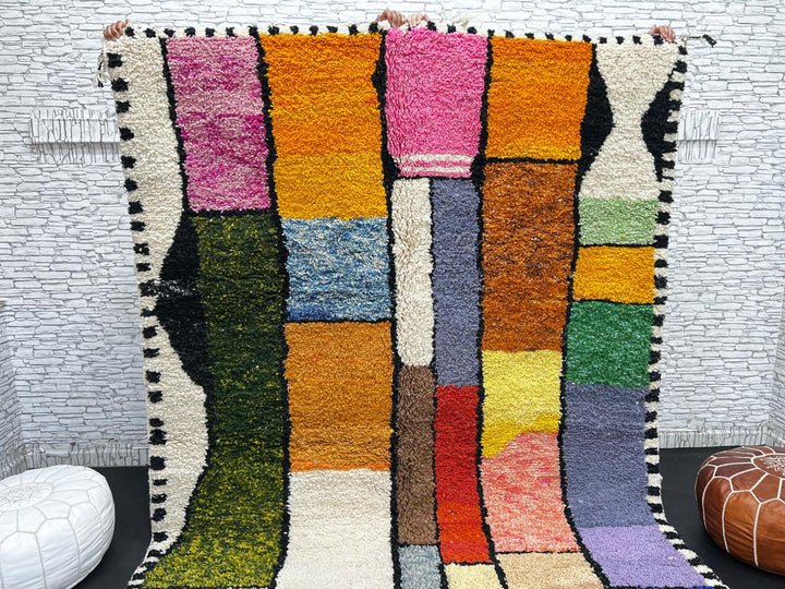 Handwoven colorful Moroccan wool rug with geometric patchwork design – multicolor Berber carpet handmade in Morocco