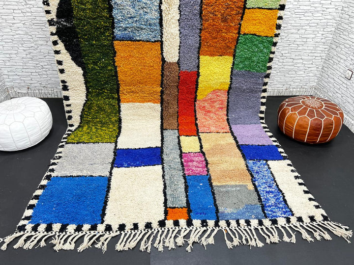 Handwoven colorful Moroccan wool rug with geometric patchwork design – multicolor Berber carpet handmade in Morocco