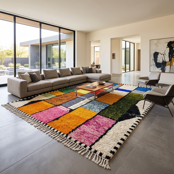 Colorful handmade Moroccan wool rug with a geometric patchwork design.