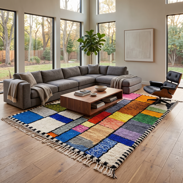 Colorful handmade Moroccan wool rug with a geometric patchwork design.