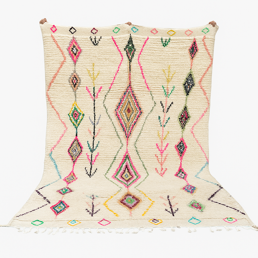 Colorful Moroccan wool rug with handwoven geometric and tribal patterns