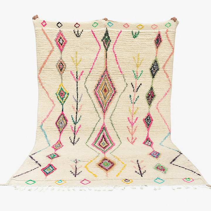 Colorful Moroccan wool rug with handwoven geometric and tribal patterns
