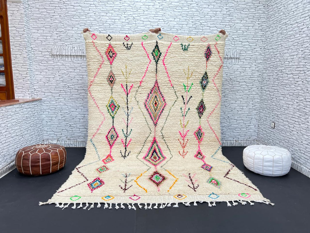 Colorful Moroccan wool rug with handwoven geometric and tribal patterns