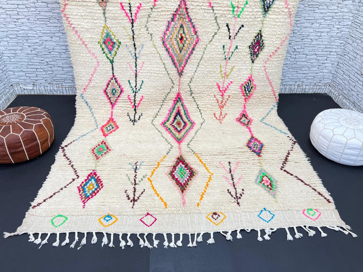 Colorful Moroccan wool rug with handwoven geometric and tribal patterns