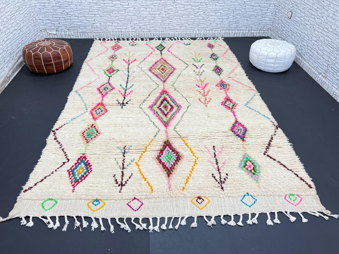 Colorful Moroccan wool rug with handwoven geometric and tribal patterns