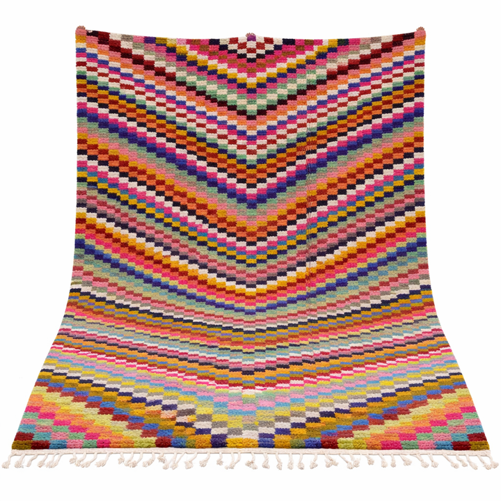 Colorful Moroccan wool rug with layered geometric Berber pattern and multicolor stripes