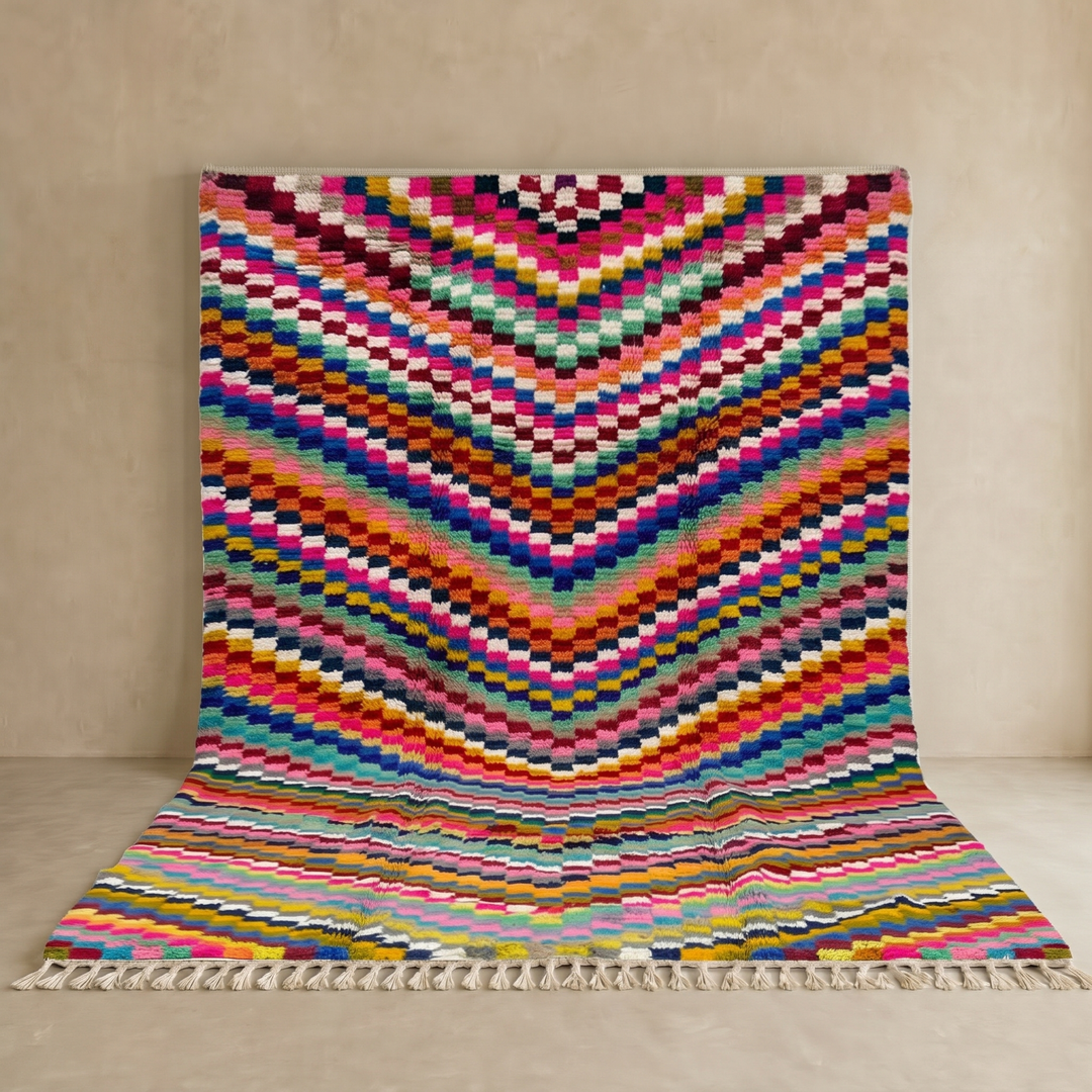 Colorful Moroccan wool rug with layered geometric Berber pattern and multicolor stripes

