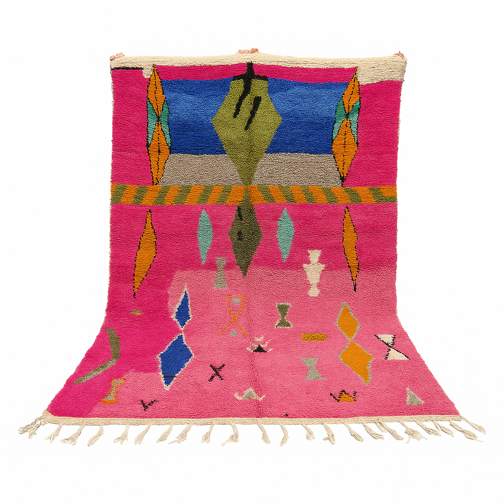 Handwoven colorful Moroccan wool rug with pink base and abstract blue, green, orange, and gold tribal motifs