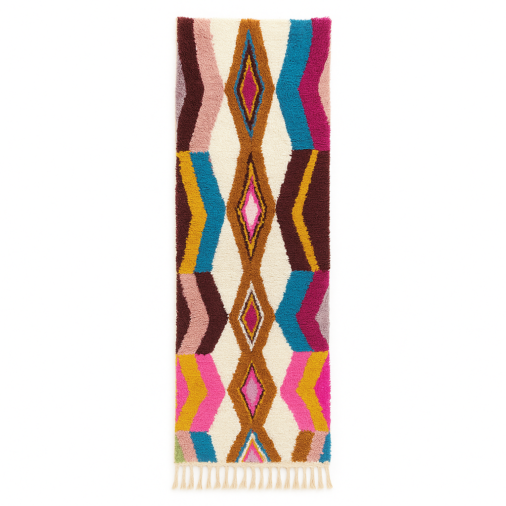 Handmade colorful Moroccan wool runner rug with zigzag geometric patterns in pink, teal, brown, mustard, and ivory tones