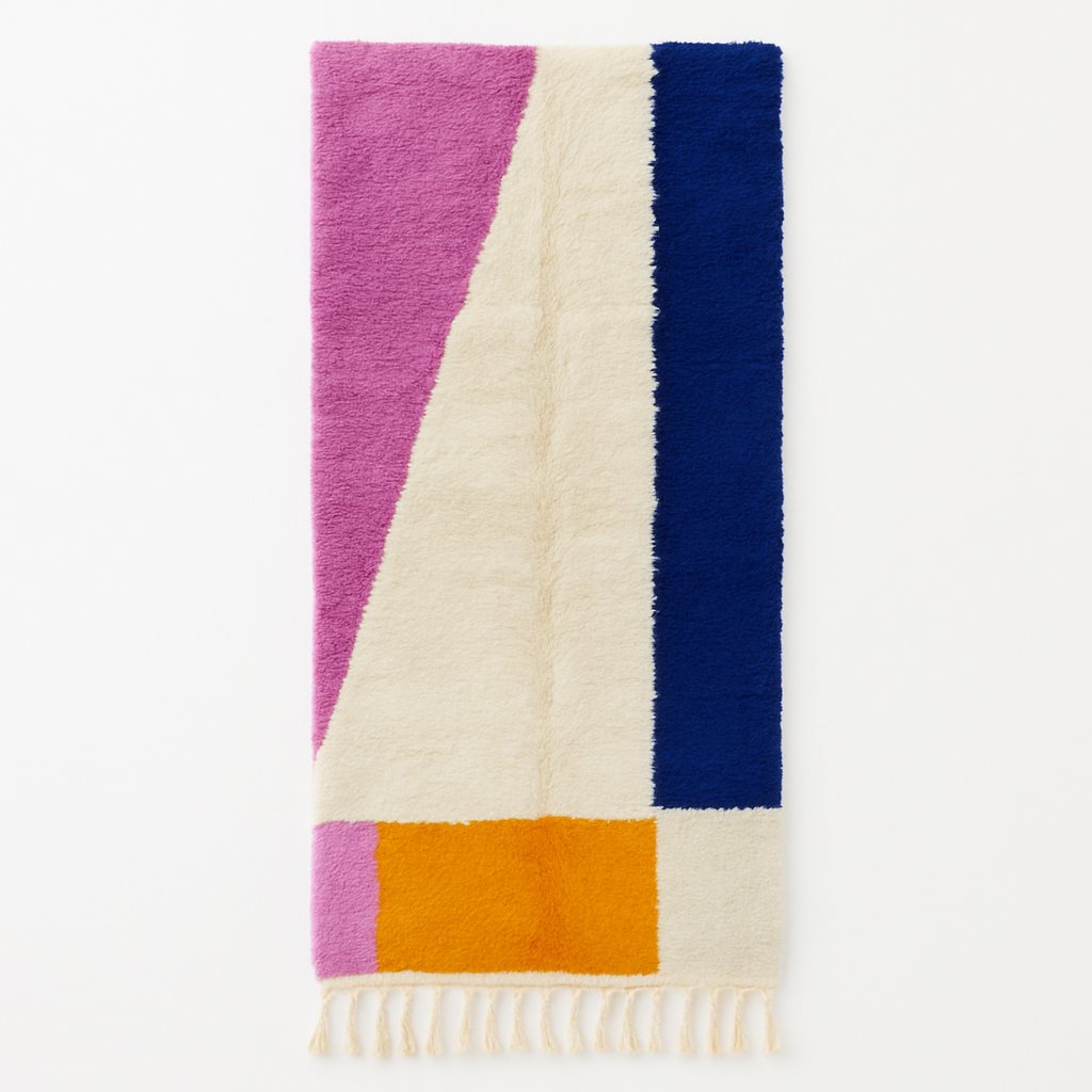 Colorful Moroccan wool runner rug with abstract geometric design in pink, blue, orange, and ivory, handmade Berber style runner for hallway decor