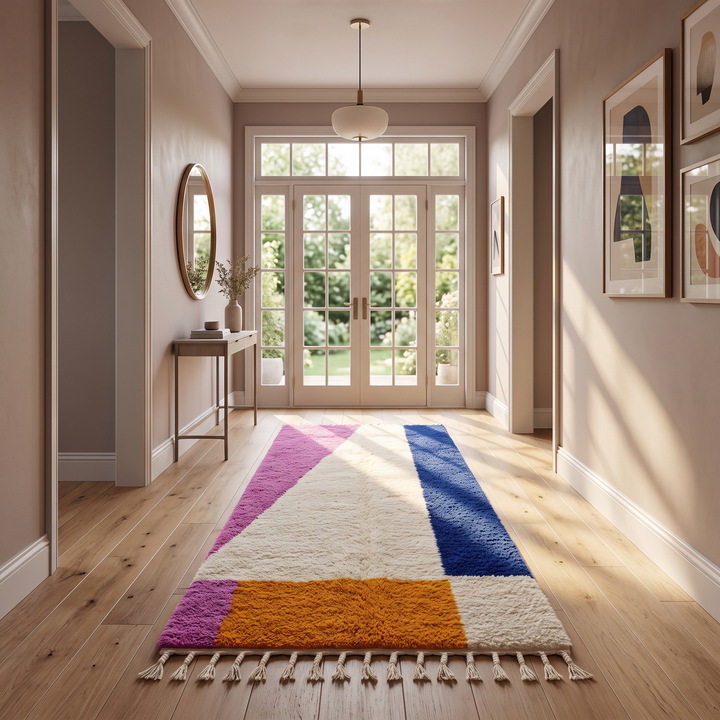 Colorful Moroccan wool runner rug with abstract geometric design in pink, blue, orange, and ivory, handmade Berber style runner for hallway decor
