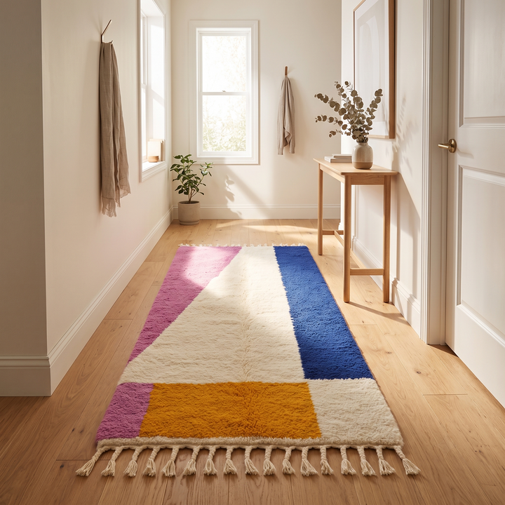 Colorful Moroccan wool runner rug with abstract geometric design in pink, blue, orange, and ivory, handmade Berber style runner for hallway decor