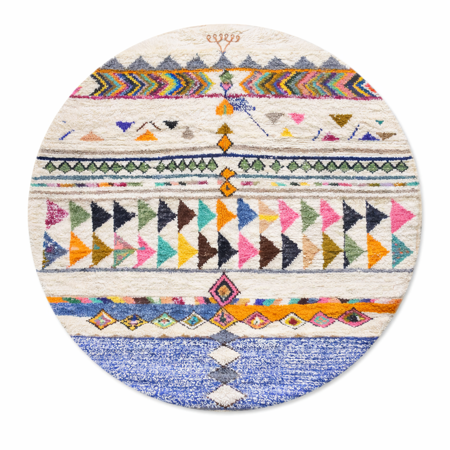 Colorful round Moroccan wool rug with ivory base, handmade Berber geometric motifs and vibrant tribal patterns.