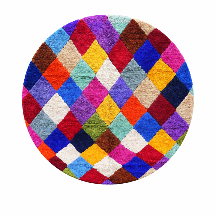 Round handmade Moroccan Berber rug with colorful checkerboard diamond pattern in multicolor wool.