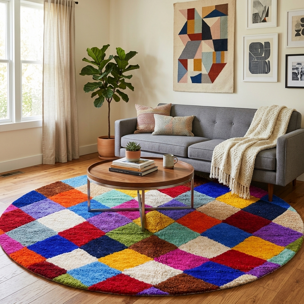 Round handmade Moroccan Berber rug with colorful checkerboard diamond pattern in multicolor wool.