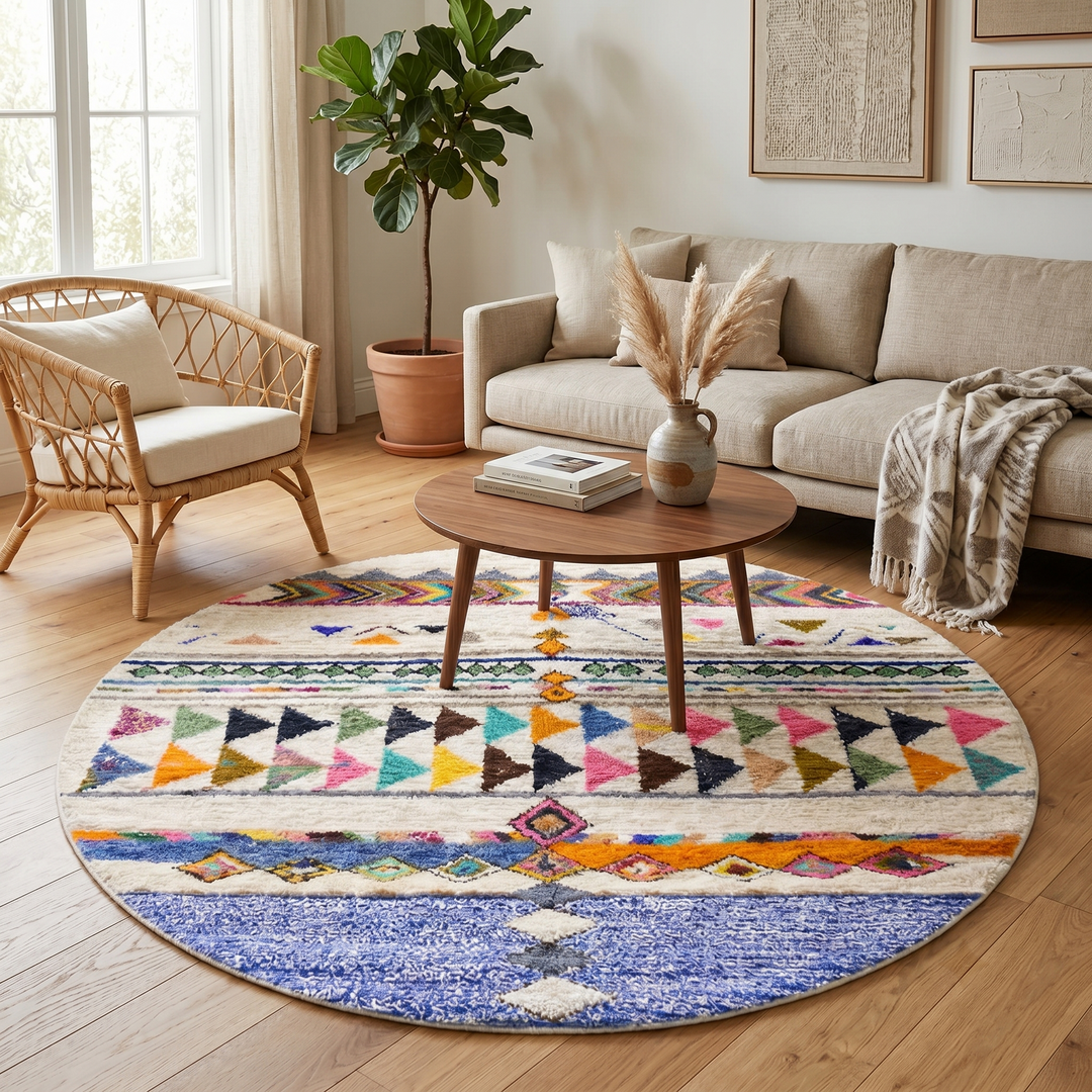 Colorful round Moroccan wool rug with ivory base, handmade Berber geometric motifs and vibrant tribal patterns.