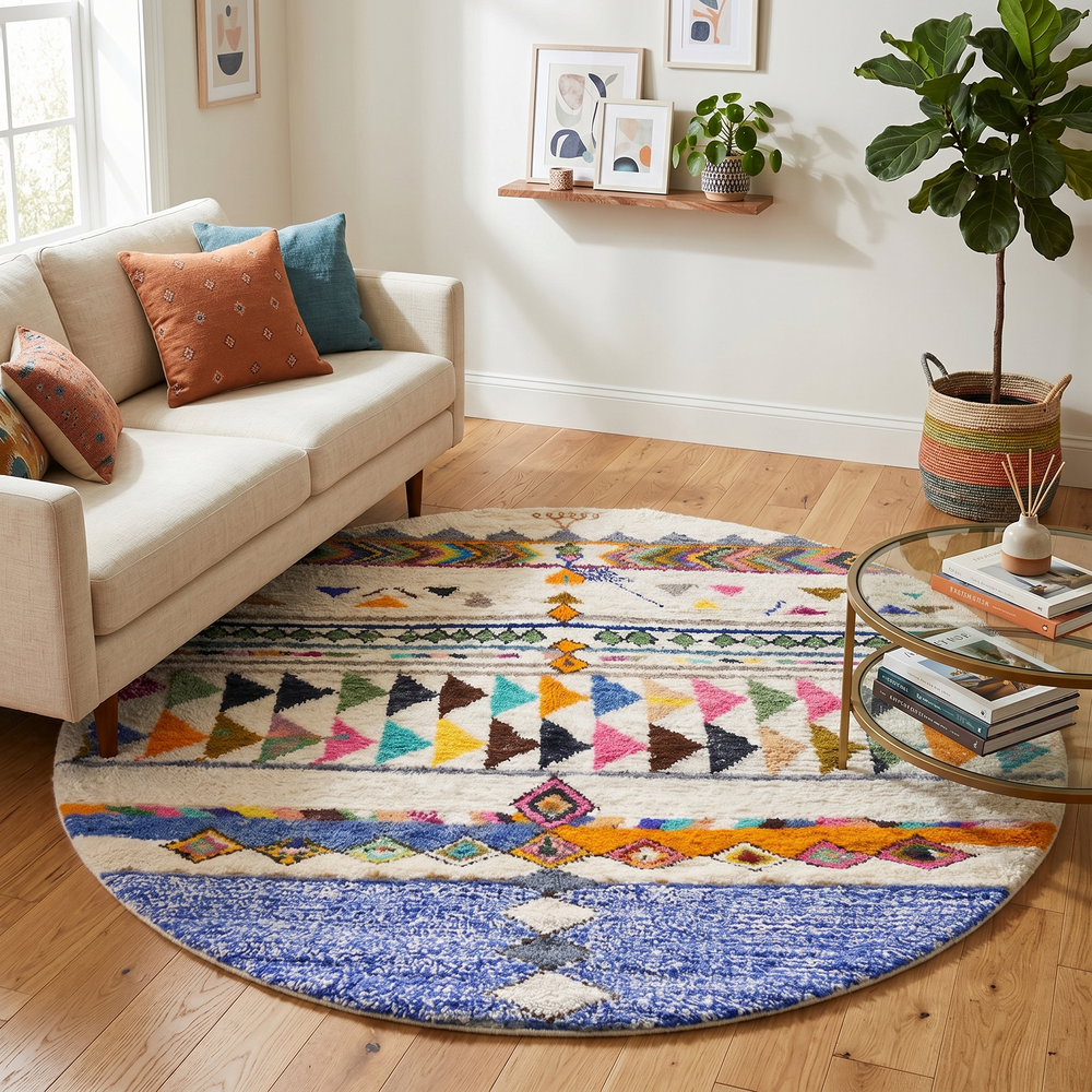 Colorful round Moroccan wool rug with ivory base, handmade Berber geometric motifs and vibrant tribal patterns.
