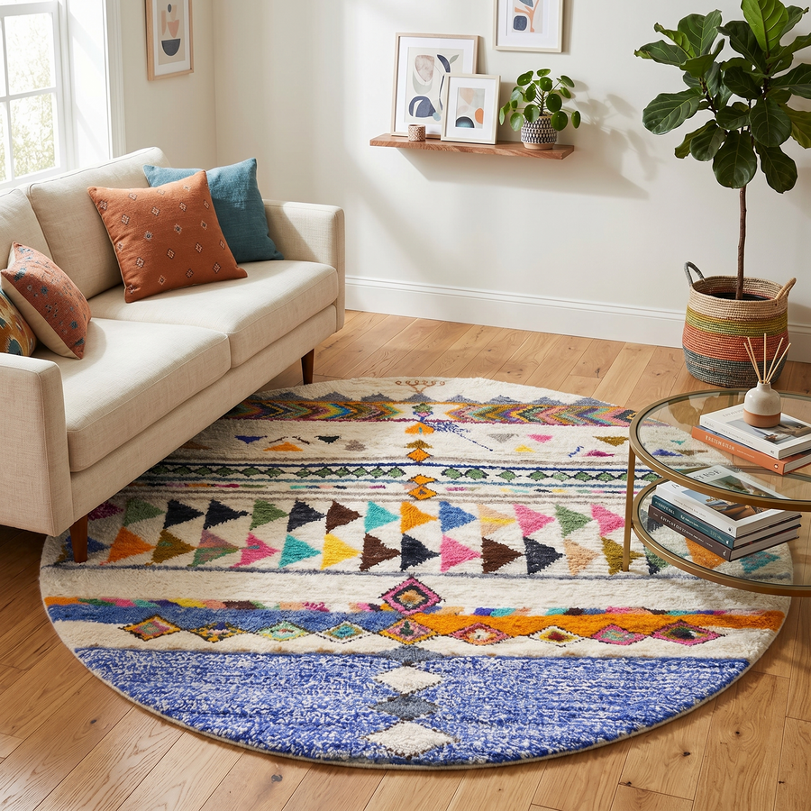 Colorful round Moroccan wool rug with ivory base, handmade Berber geometric motifs and vibrant tribal patterns.