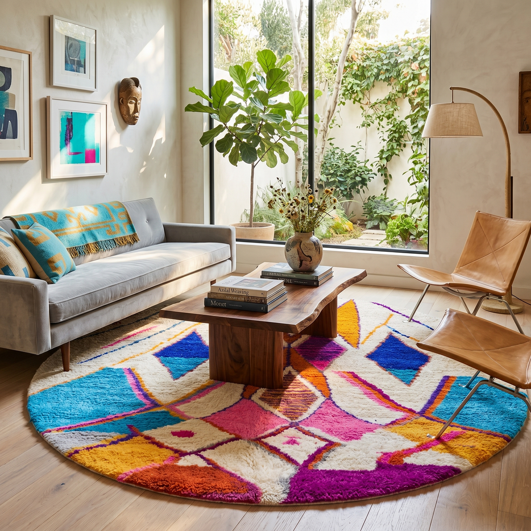 Colorful round Moroccan wool rug with ivory base, bold Berber diamond motifs, and handmade plush wool texture.