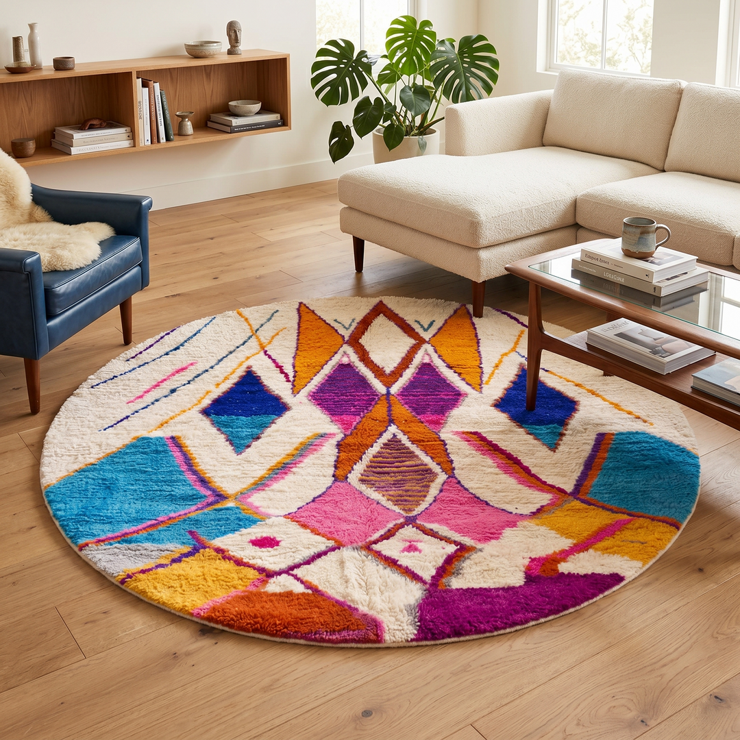 Colorful round Moroccan wool rug with ivory base, bold Berber diamond motifs, and handmade plush wool texture.