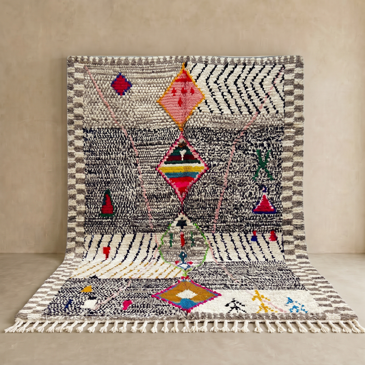 Handmade colorful Moroccan wool rug with tribal geometric diamond motifs – Berber carpet
