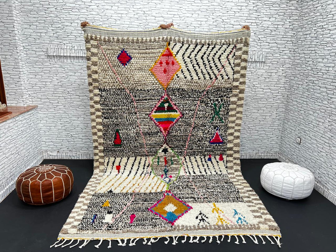 Handmade colorful Moroccan wool rug with tribal geometric diamond motifs – Berber carpet