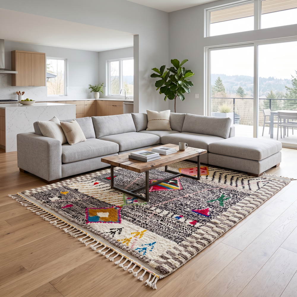 Handmade colorful Moroccan wool rug with tribal geometric diamond motifs – Berber carpet

