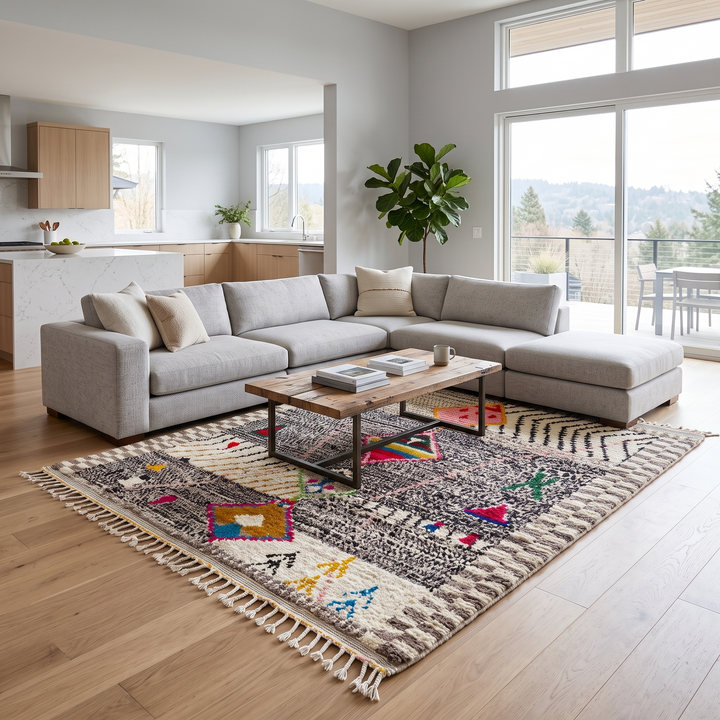 Handmade colorful Moroccan wool rug with tribal geometric diamond motifs – Berber carpet
