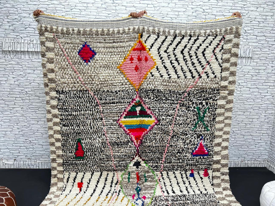 Handmade colorful Moroccan wool rug with tribal geometric diamond motifs – Berber carpet