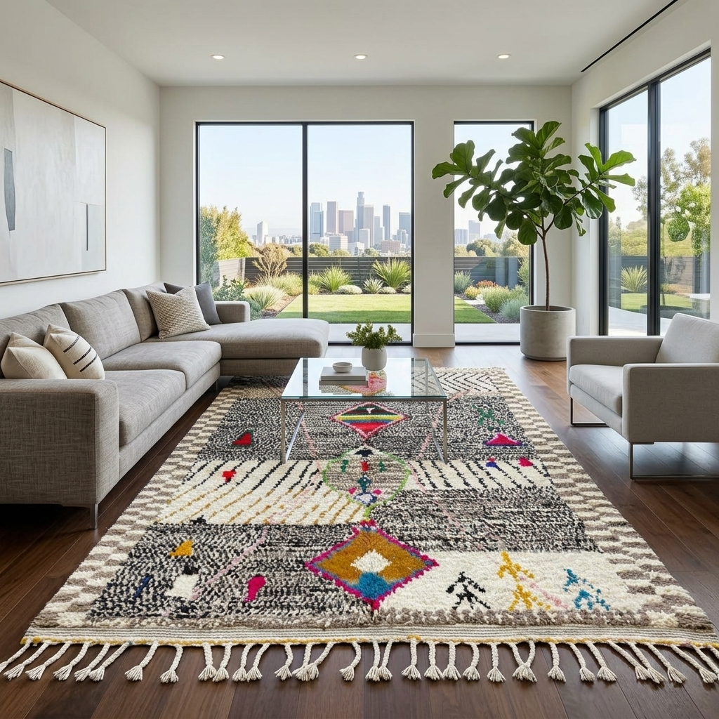 Handmade colorful Moroccan wool rug with tribal geometric diamond motifs – Berber carpet
