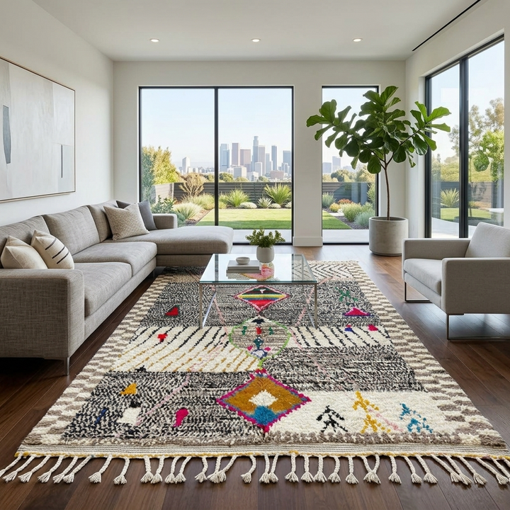 Handmade colorful Moroccan wool rug with tribal geometric diamond motifs – Berber carpet
