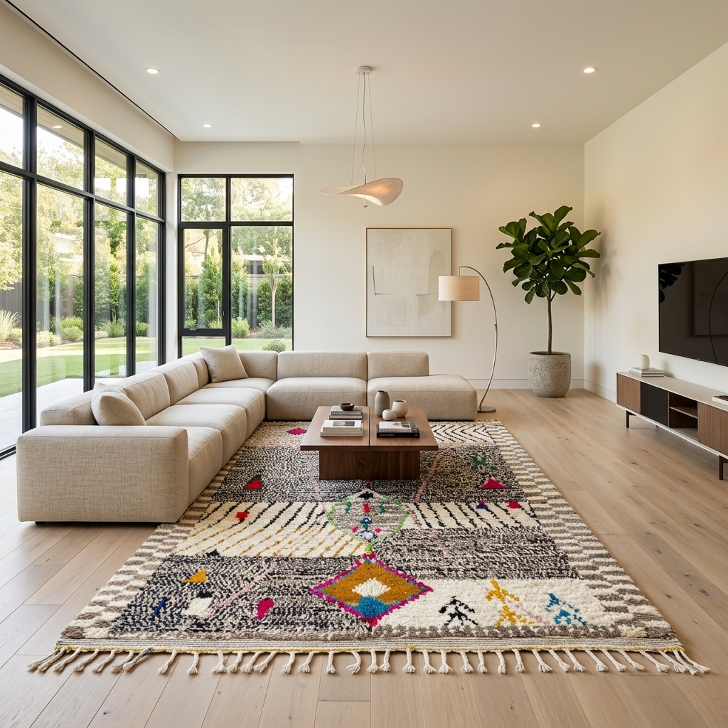Handmade colorful Moroccan wool rug with tribal geometric diamond motifs – Berber carpet
