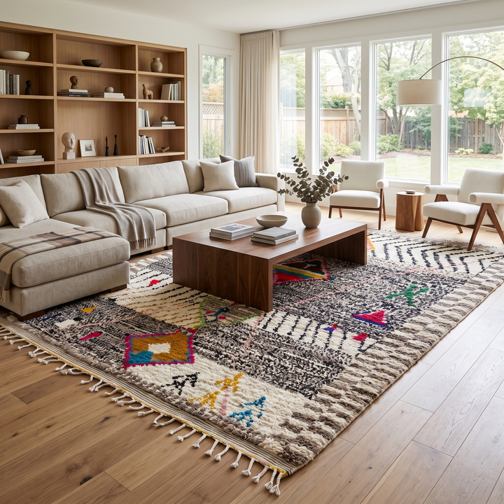 Handmade colorful Moroccan wool rug with tribal geometric diamond motifs – Berber carpet
