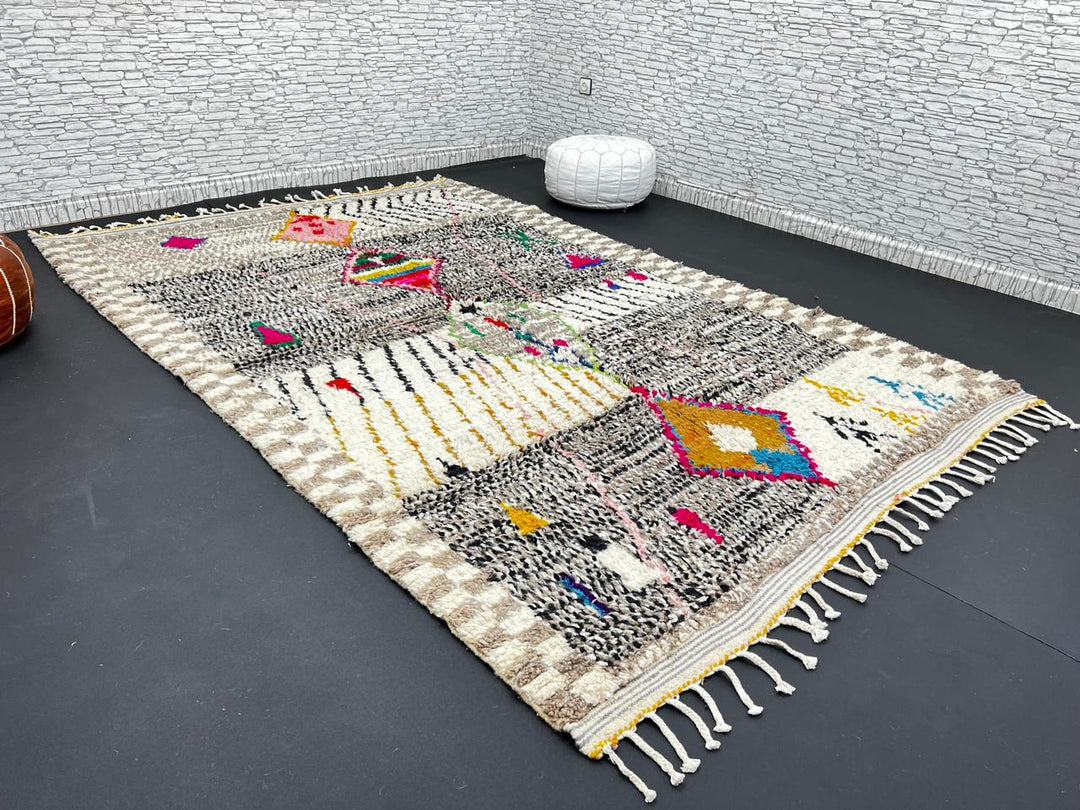Handmade colorful Moroccan wool rug with tribal geometric diamond motifs – Berber carpet