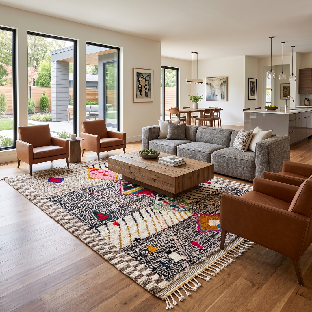 Handmade colorful Moroccan wool rug with tribal geometric diamond motifs – Berber carpet
