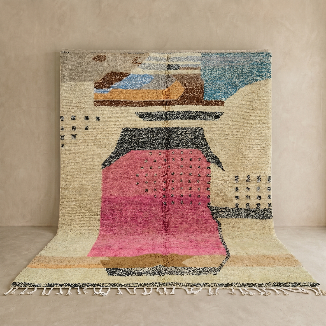 Modern Moroccan abstract wool rug in pink blue and sand tones