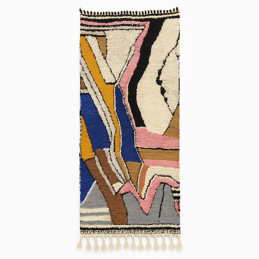 Colorful Moroccan wool runner rug with abstract artistic design in blue, pink, mustard, beige, and black tones