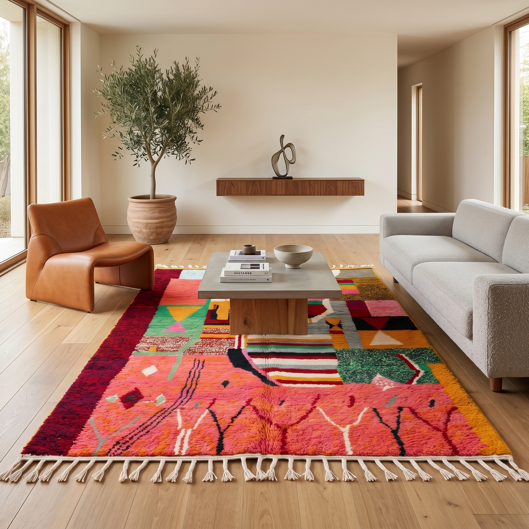 Colorful handmade Moroccan wool rug with abstract Berber motifs, geometric patterns, vibrant pink tones and ivory tassel fringe.