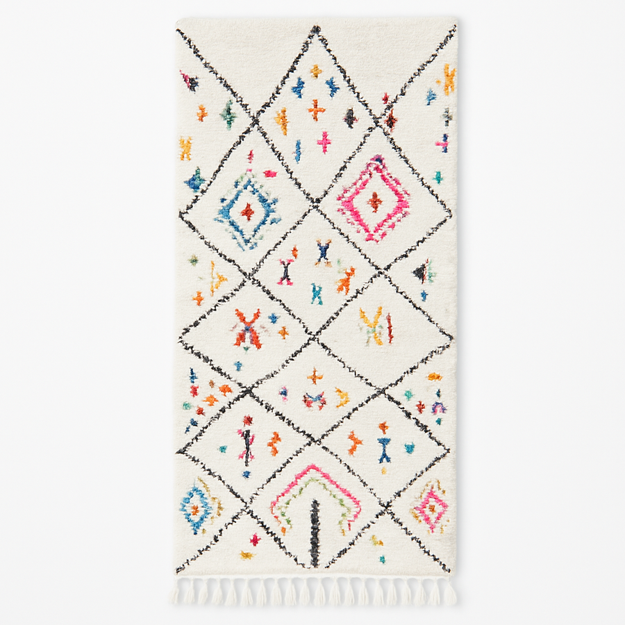 Handmade ivory Moroccan wool runner rug with colorful Berber motifs inside black diamond Beni Ourain pattern
