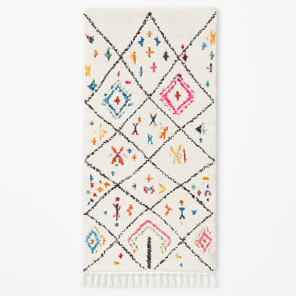 Handmade ivory Moroccan wool runner rug with colorful Berber motifs inside black diamond Beni Ourain pattern