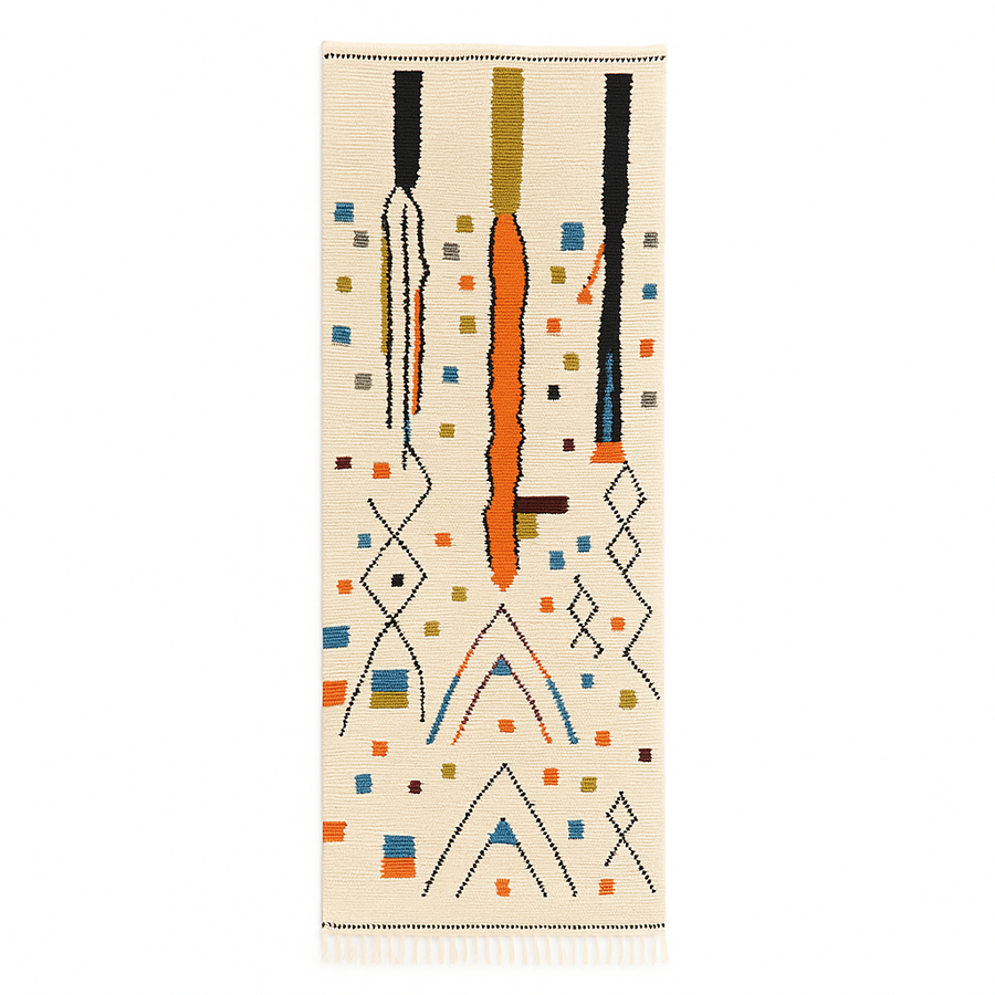 Handmade Moroccan runner rug with colorful geometric symbols, abstract lines, and dotted accents on a white wool background.
