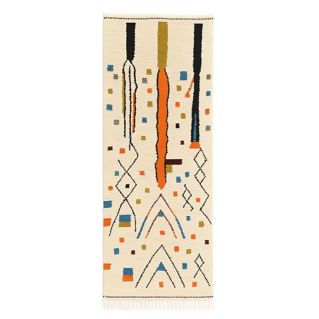 Handmade Moroccan runner rug with colorful geometric symbols, abstract lines, and dotted accents on a white wool background.