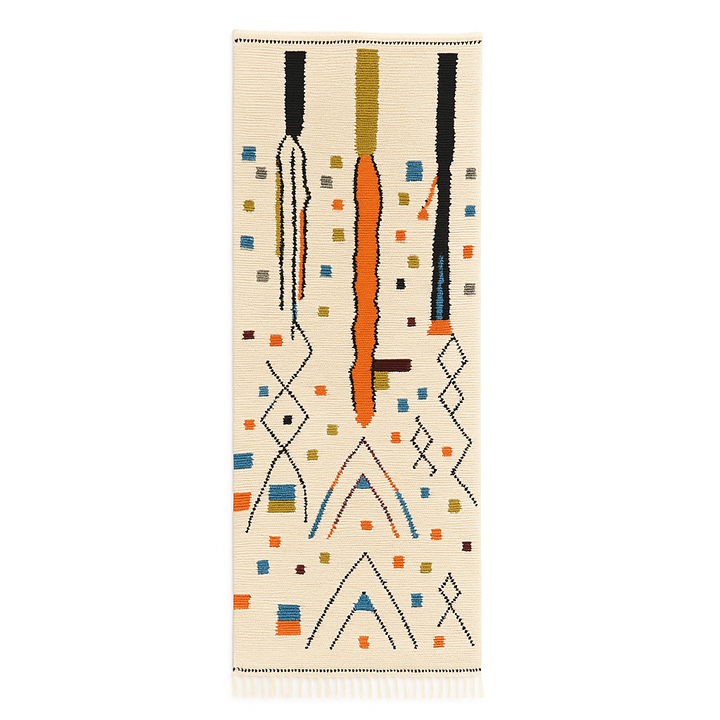 Handmade Moroccan runner rug with colorful geometric symbols, abstract lines, and dotted accents on a white wool background.