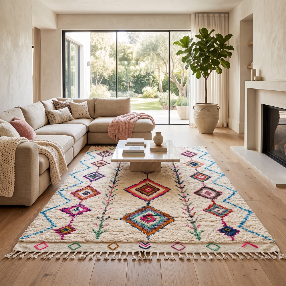 Handmade Moroccan Berber rug with colorful diamond patterns on white wool
