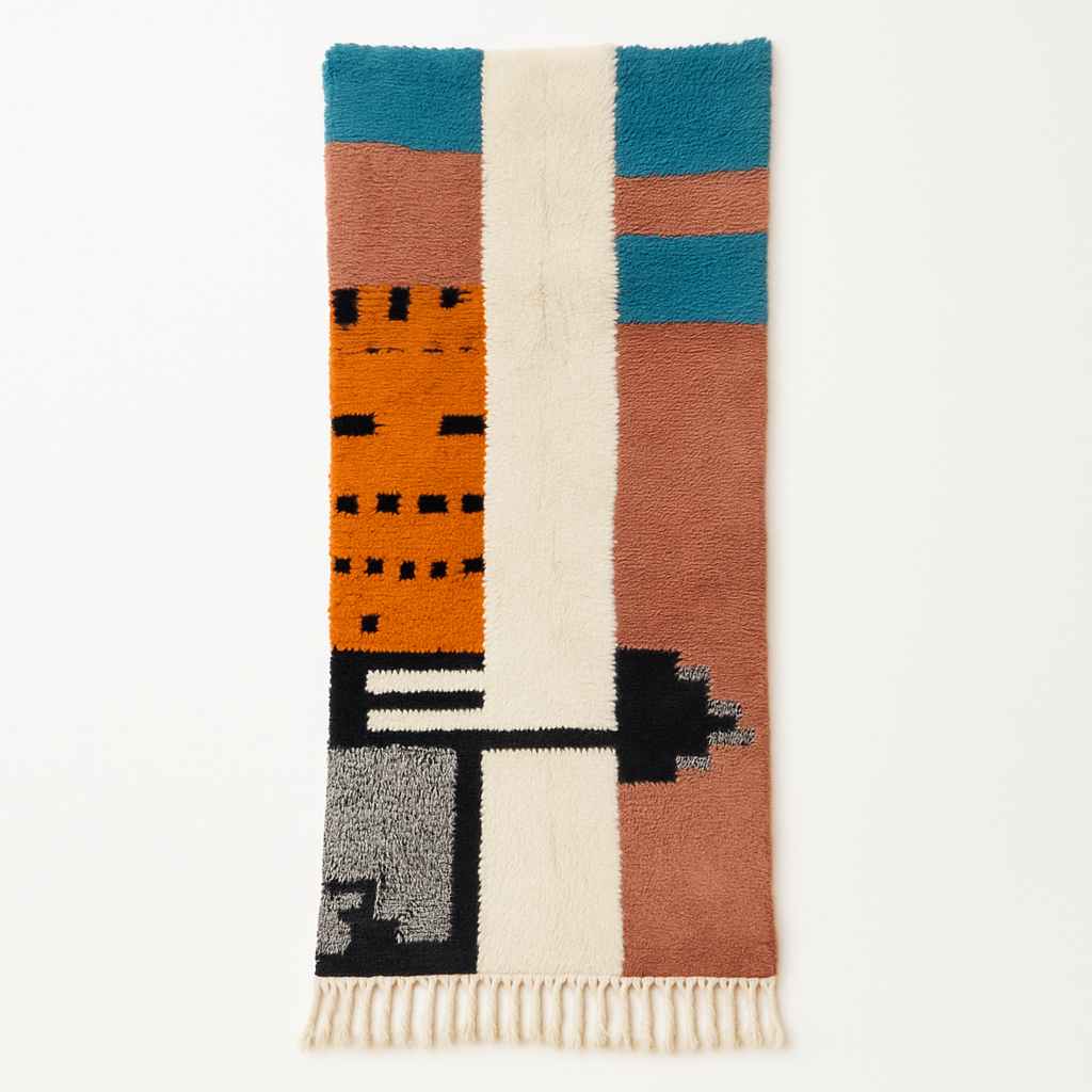 Colorful Moroccan runner rug with abstract geometric design in terracotta, teal, black, grey and white, handmade wool Berber style runner for modern hallway decor.