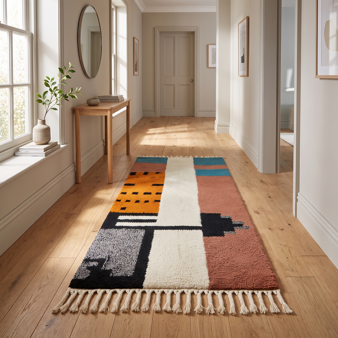 Colorful Moroccan runner rug with abstract geometric design in terracotta, teal, black, grey and white, handmade wool Berber style runner for modern hallway decor.