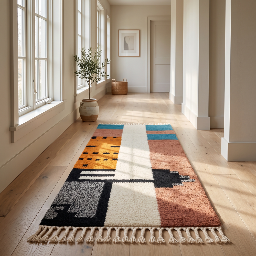 Colorful Moroccan runner rug with abstract geometric design in terracotta, teal, black, grey and white, handmade wool Berber style runner for modern hallway decor.