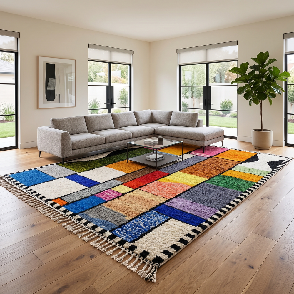Colorful handmade Moroccan wool rug with a geometric patchwork design.